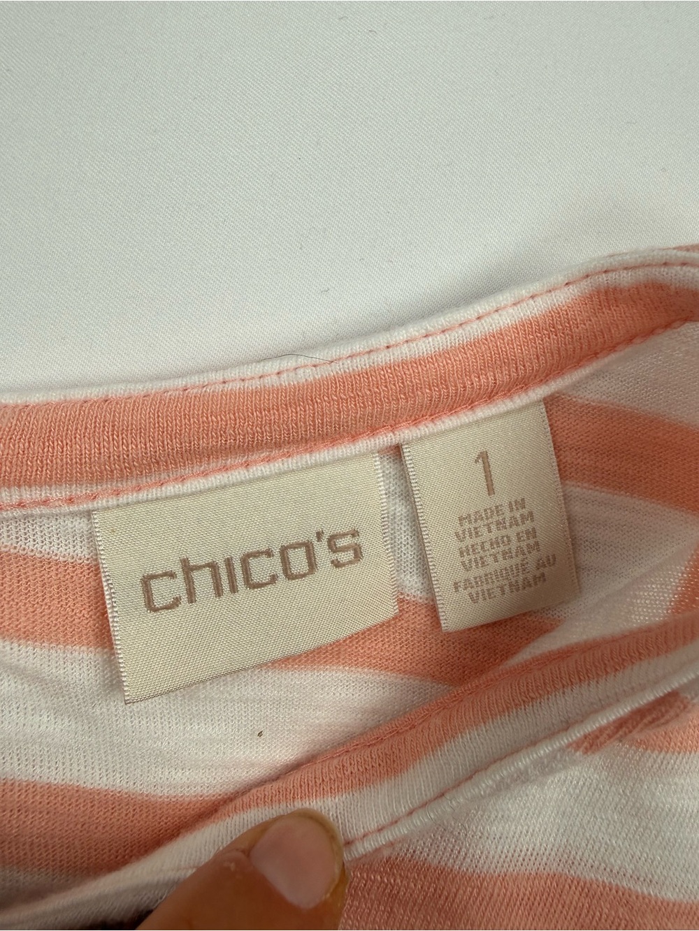 Chico's Coral and White Striped Long-Sleeve Top with Neck Tie - Picture 3 of 6